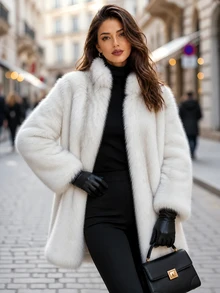 Editum Women's Fashion Vintage Long Sleeve Faux Fur Coat - White - View 7