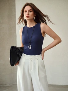 MOTF PREMIUM Áo tank top cotton trơn cổ tròn phong cách thường ngày đa năng cho mùa thu/đông - Màu xanh hải quân - Xem 4