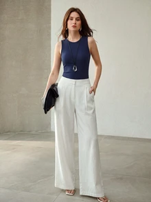 MOTF PREMIUM Áo tank top cotton trơn cổ tròn phong cách thường ngày đa năng cho mùa thu/đông - Màu xanh hải quân - Xem 1