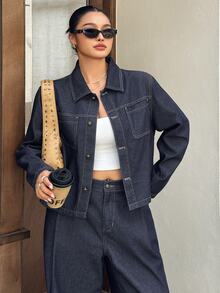 Dazy Plus Holiday Outfit Long Sleeve Shirt Wide Leg Pants Loose Casual Spring Summer Autumn Dark Denim Set - Dark Wash - View 4