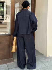 Dazy Plus Holiday Outfit Long Sleeve Shirt Wide Leg Pants Loose Casual Spring Summer Autumn Dark Denim Set - Dark Wash - View 7