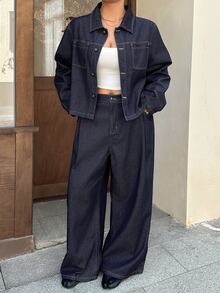 Dazy Plus Holiday Outfit Long Sleeve Shirt Wide Leg Pants Loose Casual Spring Summer Autumn Dark Denim Set - Dark Wash - View 6