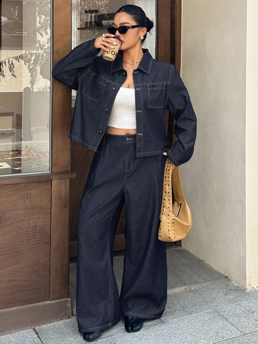 Dazy Plus Holiday Outfit Long Sleeve Shirt Wide Leg Pants Loose Casual Spring Summer Autumn Dark Denim Set - Dark Wash - View 1