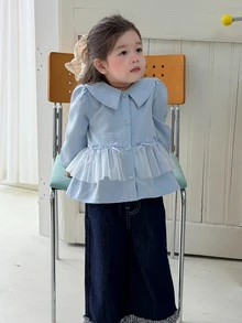 DAZY Baby Girl Solid Color Puff Long Sleeve Bow Decor Contrast Mesh Ruffle Hem Cute Single-Breasted Top - Blue - View 5
