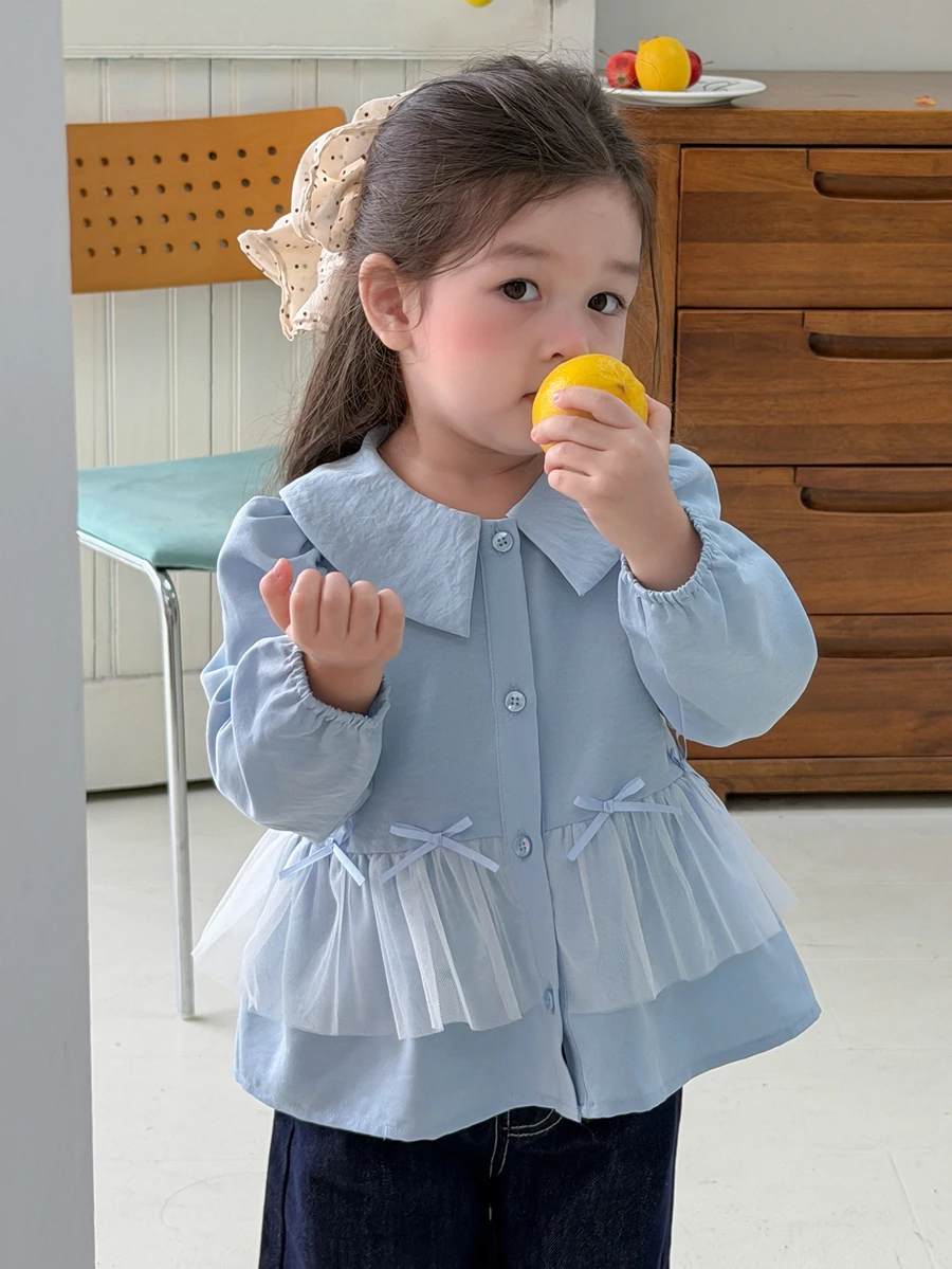 DAZY Baby Girl Solid Color Puff Long Sleeve Bow Decor Contrast Mesh Ruffle Hem Cute Single-Breasted Top - Blue - View 1