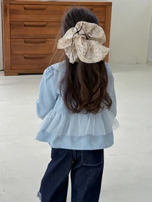 DAZY Baby Girl Solid Color Puff Long Sleeve Bow Decor Contrast Mesh Ruffle Hem Cute Single-Breasted Top - Blue - View 2