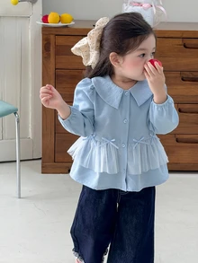 DAZY Baby Girl Solid Color Puff Long Sleeve Bow Decor Contrast Mesh Ruffle Hem Cute Single-Breasted Top - Blue - View 3