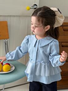 DAZY Baby Girl Solid Color Puff Long Sleeve Bow Decor Contrast Mesh Ruffle Hem Cute Single-Breasted Top - Blue - View 7