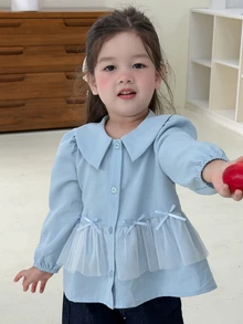 DAZY Baby Girl Solid Color Puff Long Sleeve Bow Decor Contrast Mesh Ruffle Hem Cute Single-Breasted Top - Blue - View 4