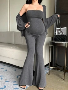 DAZY Solid Color Fitted Elastic Tank Top, Loose Cardigan, Straight Leg Pants, Casual Holiday Daily Home Wear, Spring Autumn 3 Pieces Set, Maternity 2 Pieces Set - Grey - View 5