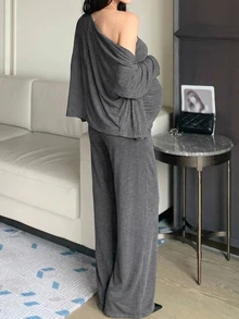 DAZY Solid Color Fitted Elastic Tank Top, Loose Cardigan, Straight Leg Pants, Casual Holiday Daily Home Wear, Spring Autumn 3 Pieces Set, Maternity 2 Pieces Set - Grey - View 2