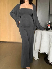 DAZY Solid Color Fitted Elastic Tank Top, Loose Cardigan, Straight Leg Pants, Casual Holiday Daily Home Wear, Spring Autumn 3 Pieces Set, Maternity 2 Pieces Set - Grey - View 8
