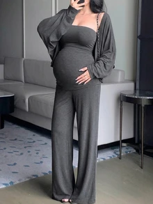 DAZY Solid Color Fitted Elastic Tank Top, Loose Cardigan, Straight Leg Pants, Casual Holiday Daily Home Wear, Spring Autumn 3 Pieces Set, Maternity 2 Pieces Set - Grey - View 4