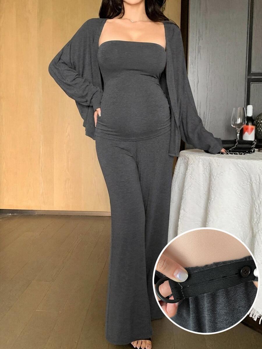 DAZY Solid Color Fitted Elastic Tank Top, Loose Cardigan, Straight Leg Pants, Casual Holiday Daily Home Wear, Spring Autumn 3 Pieces Set, Maternity 2 Pieces Set - Grey - View 1