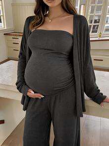 DAZY Solid Color Fitted Elastic Tank Top, Loose Cardigan, Straight Leg Pants, Casual Holiday Daily Home Wear, Spring Autumn 3 Pieces Set, Maternity 2 Pieces Set - Grey - View 3