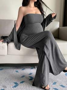 DAZY Solid Color Fitted Elastic Tank Top, Loose Cardigan, Straight Leg Pants, Casual Holiday Daily Home Wear, Spring Autumn 3 Pieces Set, Maternity 2 Pieces Set - Grey - View 9
