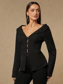 Silquee This Black, Long-Sleeved Blazer For Women Features A "New Chinese Style" Aesthetic With Traditional Frog-Button Closures. Blending A Cool, Edgy Vibe W - Black - View 12