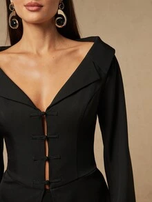Silquee This Black, Long-Sleeved Blazer For Women Features A "New Chinese Style" Aesthetic With Traditional Frog-Button Closures. Blending A Cool, Edgy Vibe W - Black - View 13