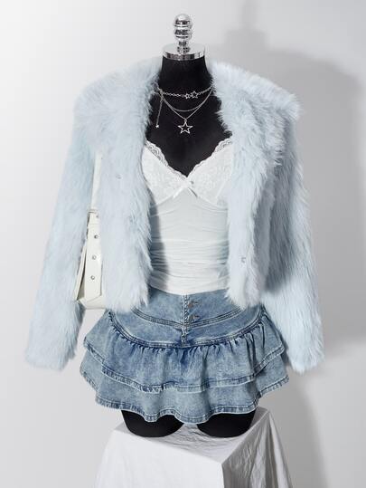 SHEIN ICON Women's Plus Size Autumn/Winter Retro Sexy Millennial Style Y2K Simple Everyday Fashion Casual Sky Blue Faux Fur Collar Loose Coat