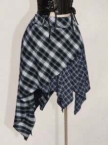 SHEIN ICON Plus Size Vintage Plaid Y2K Asymmetrical Hem Patchwork Skirt - Multicolor - View 4