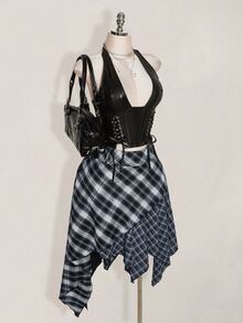SHEIN ICON Plus Size Vintage Plaid Y2K Asymmetrical Hem Patchwork Skirt - Multicolor - View 9
