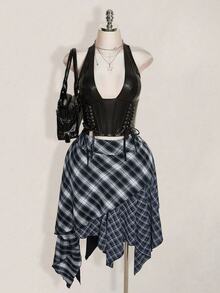 SHEIN ICON Plus Size Vintage Plaid Y2K Asymmetrical Hem Patchwork Skirt - Multicolor - View 10
