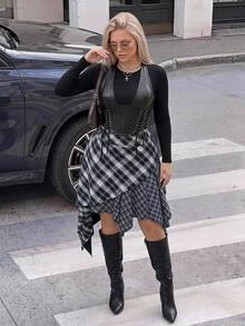 SHEIN ICON Plus Size Vintage Plaid Y2K Asymmetrical Hem Patchwork Skirt - Multicolor - View 2