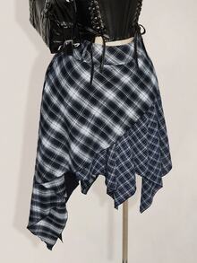 SHEIN ICON Plus Size Vintage Plaid Y2K Asymmetrical Hem Patchwork Skirt - Multicolor - View 11