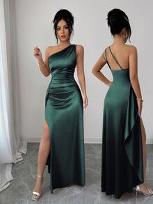 Elenzga 2026 Summer New Luxury Satin One Shoulder Ruched Waist High Slit Maxi Sexy Evening Dress For Women Party Gown - Mist Green - View 7