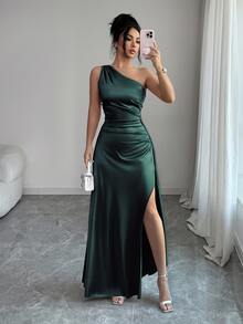 Elenzga 2026 Summer New Luxury Satin One Shoulder Ruched Waist High Slit Maxi Sexy Evening Dress For Women Party Gown - Mist Green - View 4