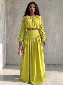Eryvara Women's New Solid Color Round Neck Long Sleeve Ruched Top And Skirt Two Pieces Set, Casual Wear, Vacation Outfit - Green - View 5