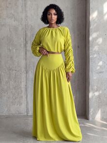 Eryvara Women's New Solid Color Round Neck Long Sleeve Ruched Top And Skirt Two Pieces Set, Casual Wear, Vacation Outfit - Green - View 7
