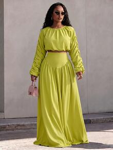 Eryvara Women's New Solid Color Round Neck Long Sleeve Ruched Top And Skirt Two Pieces Set, Casual Wear, Vacation Outfit - Green - View 6