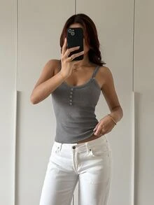 DAZY Women's Autumn/Winter Knitted Warm Spaghetti Strap Camisole With Lace Trim - Grey - View 5