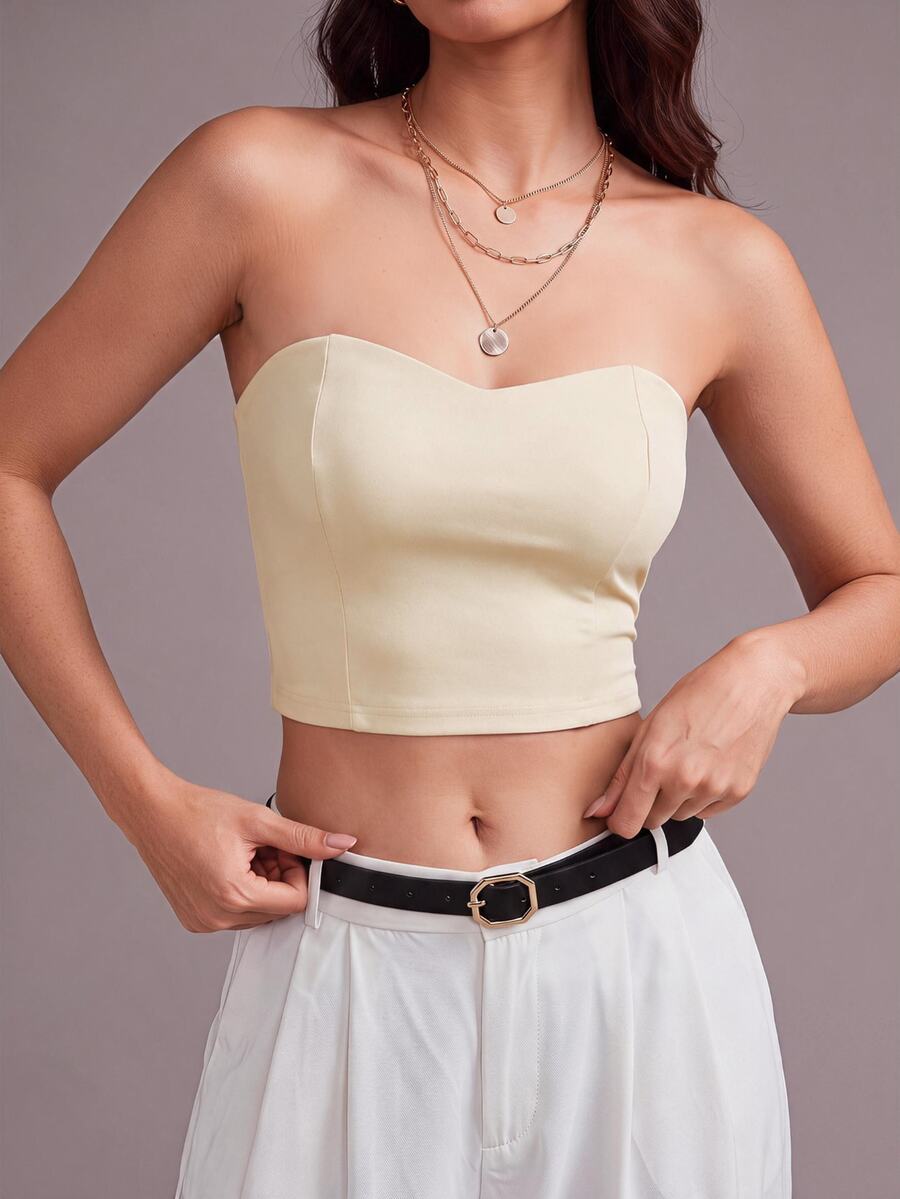 BizChic 女款彈性開衩後拉鍊短版抹胸上衣工作服 - 杏色 - 查看 1