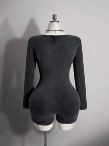 SHEIN ICON Women's Plus Size Autumn/Winter Retro Sexy Millennial Style Y2K Simple Casual Distressed Snowflake Washed Black Square Neck Romper Fall - Black - View 2