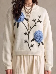 Zayélia Women Ageless Autumn/Winter 3D Floral Pattern Drop Shoulder Loose Fit Sweater - Apricot - View 3