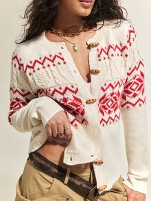 SHEIN Women's Fashion Holiday Jacquard Long Sleeve Sweater With Horn Buttons - Multicolor - View 5