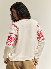 SHEIN Women's Fashion Holiday Jacquard Long Sleeve Sweater With Horn Buttons - Multicolor - View 2