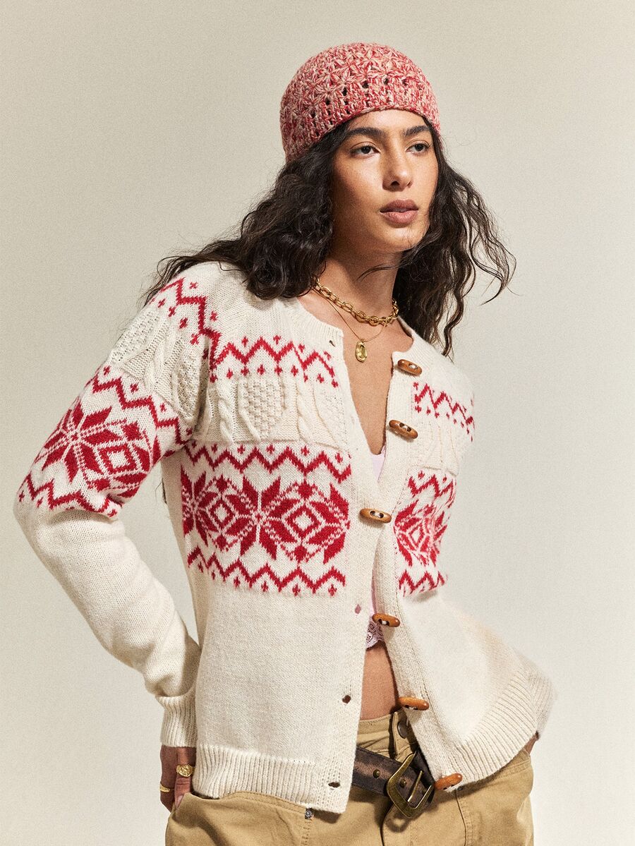 SHEIN Women's Fashion Holiday Jacquard Long Sleeve Sweater With Horn Buttons - Multicolor - View 1