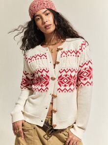 SHEIN Women's Fashion Holiday Jacquard Long Sleeve Sweater With Horn Buttons - Multicolor - View 3