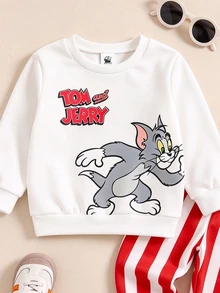TOM & JERRY X SHEIN Baby Boy Cartoon Print Crew Neck Long Sleeve Sweatshirt And Striped Sweatpants Set, Suitable For Autumn/Winter - Multicolor - View 4