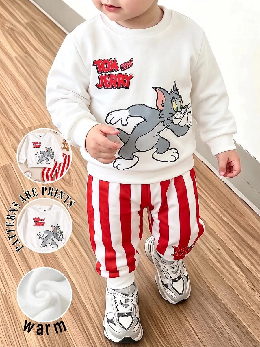 TOM & JERRY X SHEIN Baby Boy Cartoon Print Crew Neck Long Sleeve Sweatshirt And Striped Sweatpants Set, Suitable For Autumn/Winter - Multicolor - View 1