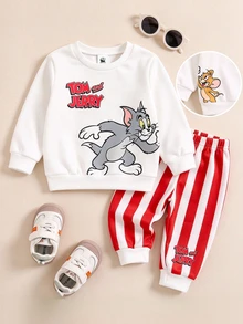 TOM & JERRY X SHEIN Baby Boy Cartoon Print Crew Neck Long Sleeve Sweatshirt And Striped Sweatpants Set, Suitable For Autumn/Winter - Multicolor - View 3