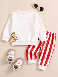 TOM & JERRY X SHEIN Baby Boy Cartoon Print Crew Neck Long Sleeve Sweatshirt And Striped Sweatpants Set, Suitable For Autumn/Winter - Multicolor - View 2