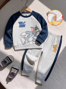 TOM & JERRY X SHEIN 2pcs Baby Boy Casual Cute Pattern Themed Print Colorblock Crew Neck Long Sleeve Sweatshirt And Matching Sweatpants Set, Suitable For Autumn/Winter - Multicolor - View 3