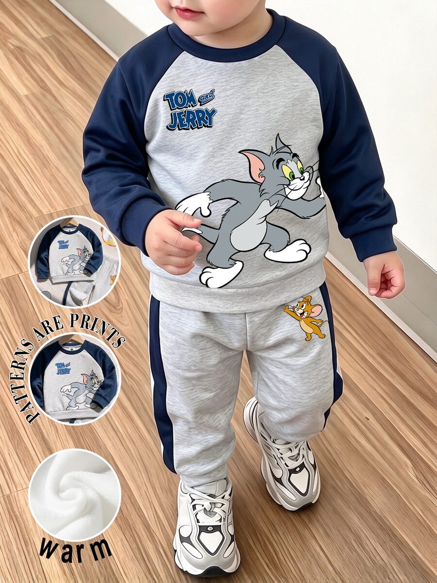 TOM & JERRY X SHEIN 2pcs Baby Boy Casual Cute Pattern Themed Print Colorblock Crew Neck Long Sleeve Sweatshirt And Matching Sweatpants Set, Suitable For Autumn/Winter - Multicolor - View 1