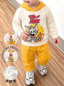 TOM & JERRY X SHEIN 男嬰卡通圖案連帽長袖運動衫與運動長褲套裝，適合秋冬季節 - 彩色 - 查看 3