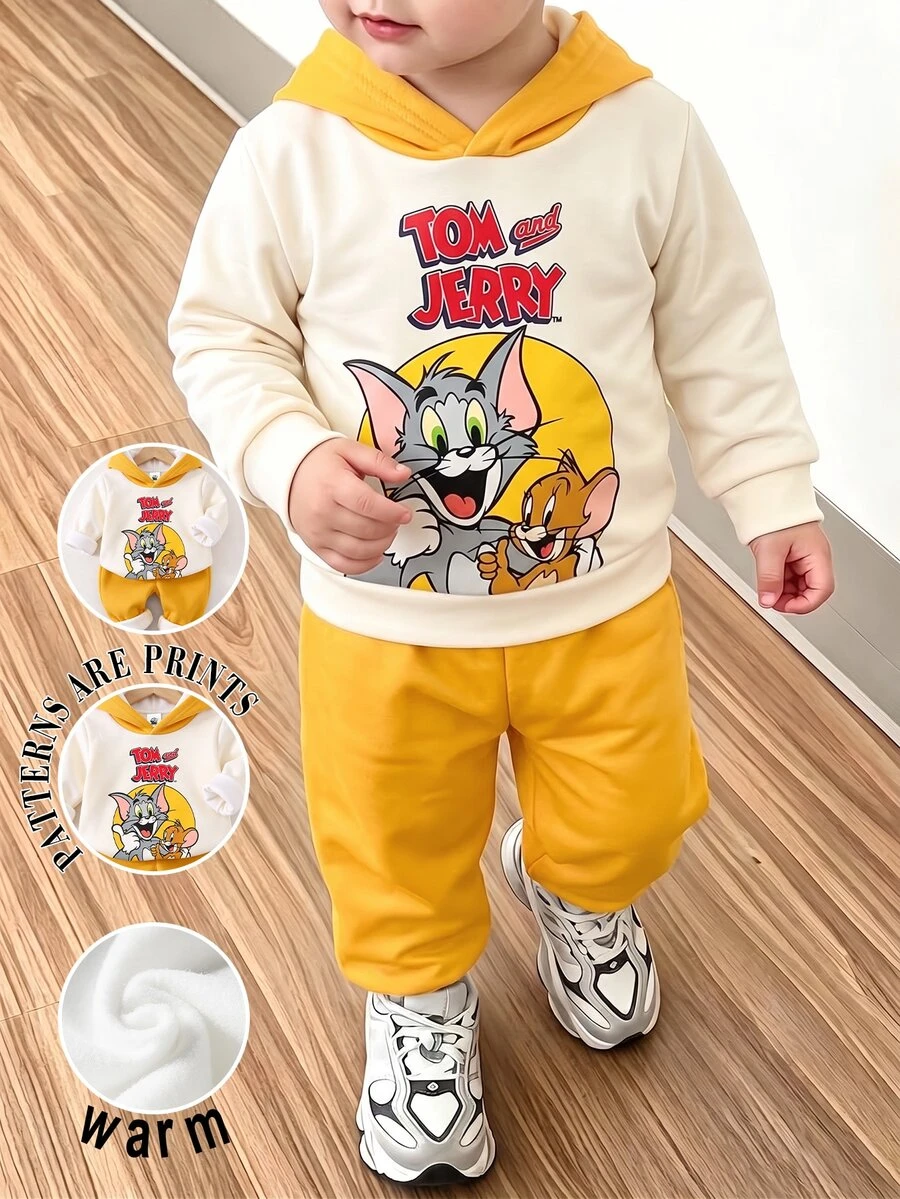 TOM & JERRY X SHEIN Baby Boy Cartoon Pattern Hooded Long Sleeve Sweatshirt And Sweatpants Set, Suitable For Autumn/Winter - Multicolor - View 1