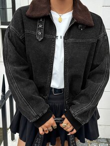 Dazy Plus Vintage Denim Patchwork Collar Loose Street Casual Jacket Coat Spring Autumn Winter - Black - View 7